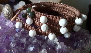 White Howlite & Green Jade wrapped onto leather cord restore and calm.